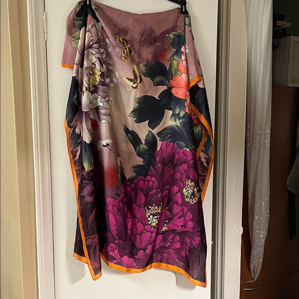 Floral Silk Scarf with Bold Purple Peonies and Orange Trim
